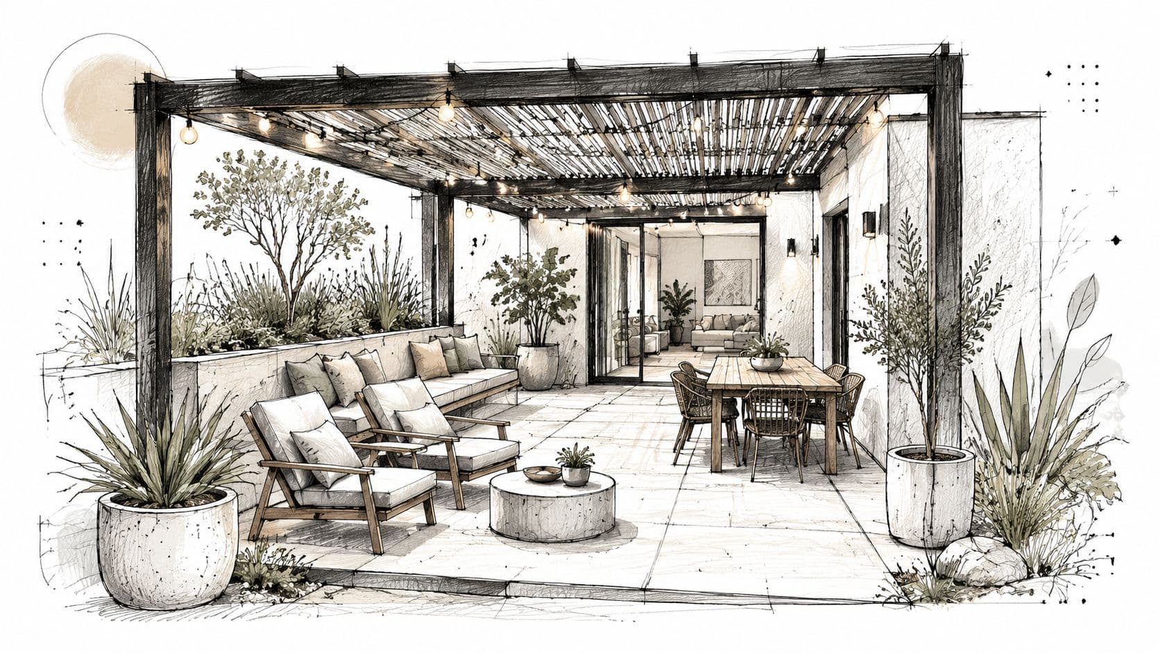 A detailed architectural sketch of a modern outdoor patio area featuring comfortable seating, a dining table, and greenery.