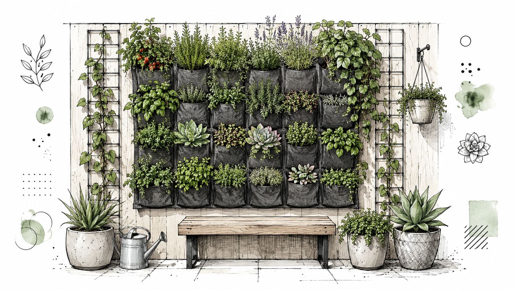 A vertical garden on a wooden wall with potted plants, a bench, and a watering can.