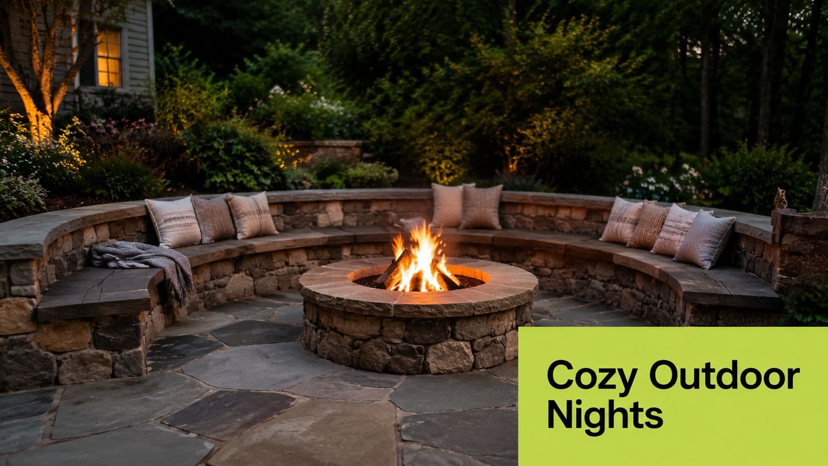 A cozy backyard stone fire pit area with curved seating and warm lighting at night.