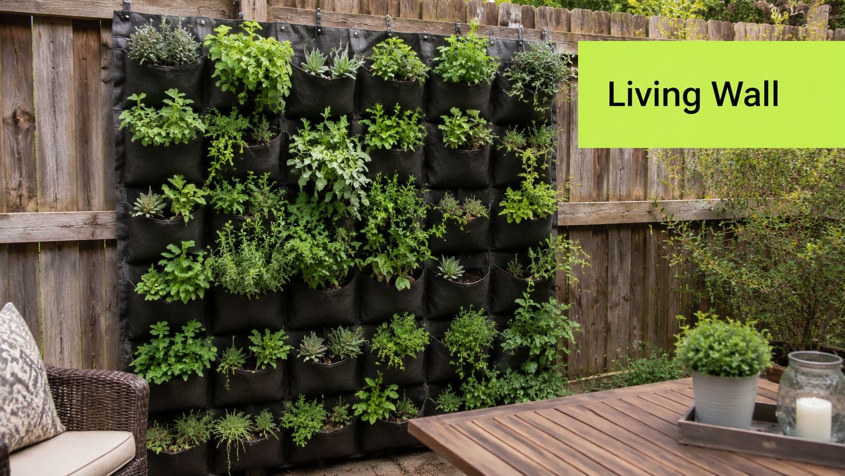 A vertical garden wall with various green herbs and plants mounted on a wooden backyard fence.