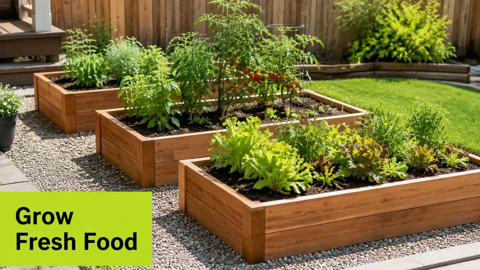 Three raised wooden garden beds filled with various fresh vegetables and herbs in a backyard setting.
