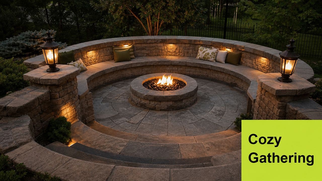 A circular stone fire pit with built-in seating on a landscaped backyard patio at night.