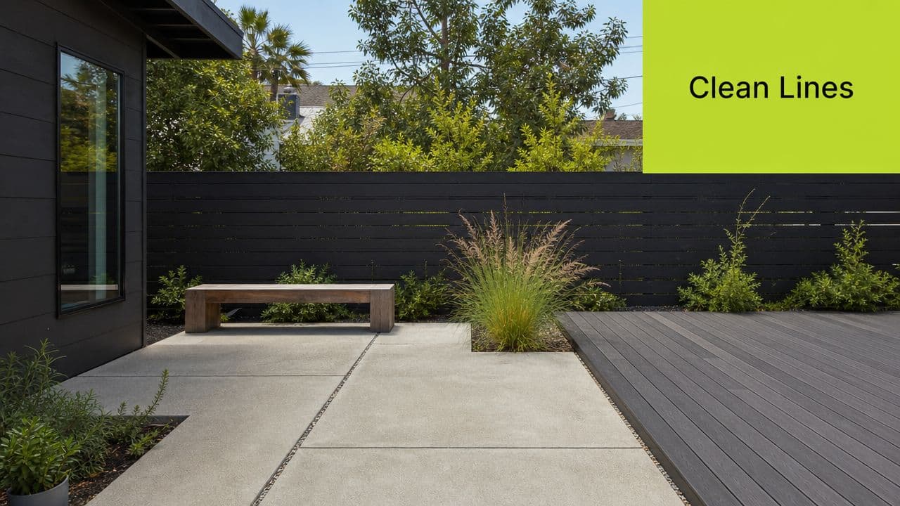 A minimalist backyard patio design featuring a wooden bench, concrete pavers, and a dark composite deck area.