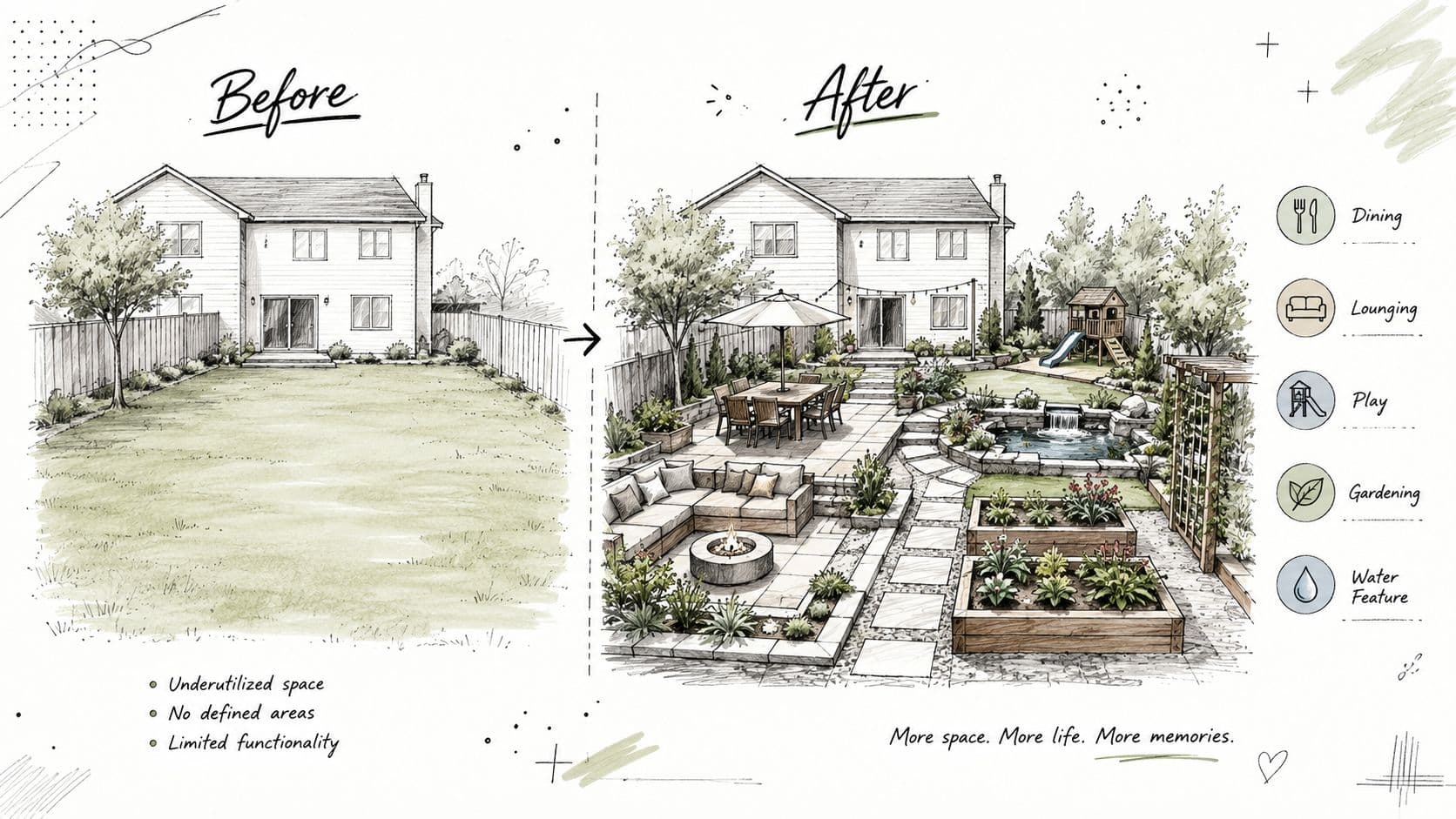 A digital sketch comparing a plain grassy backyard before landscape renovation to an organized garden after renovation.