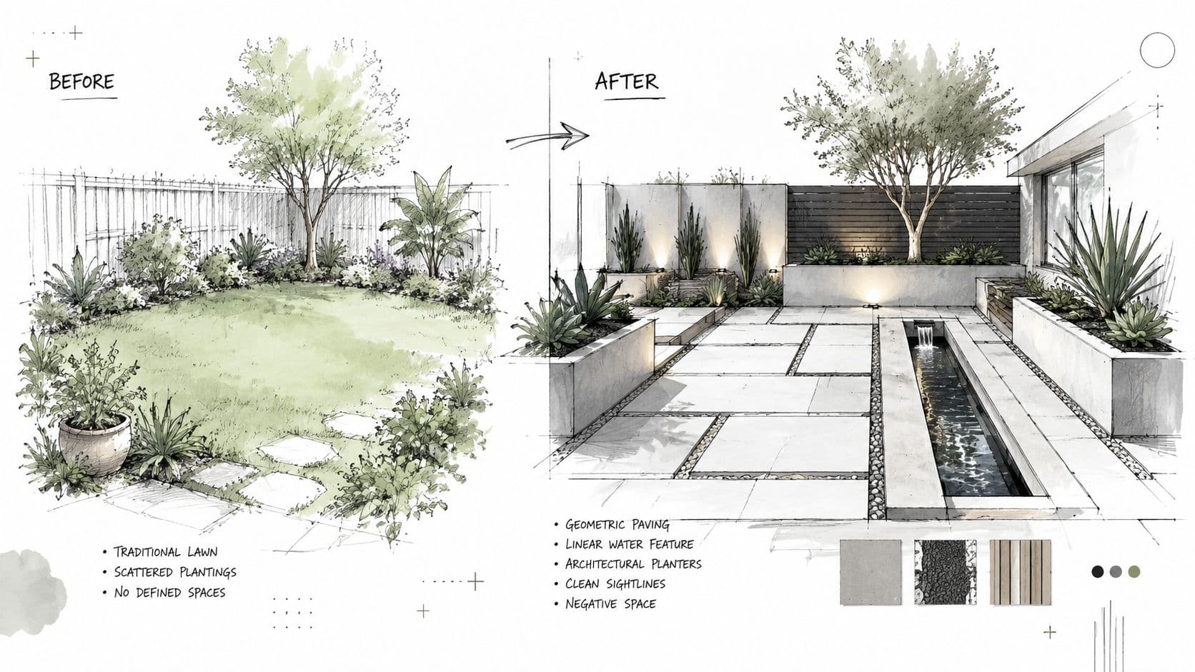 A digital sketch comparing a traditional garden layout with a modern, structured backyard design transformation.