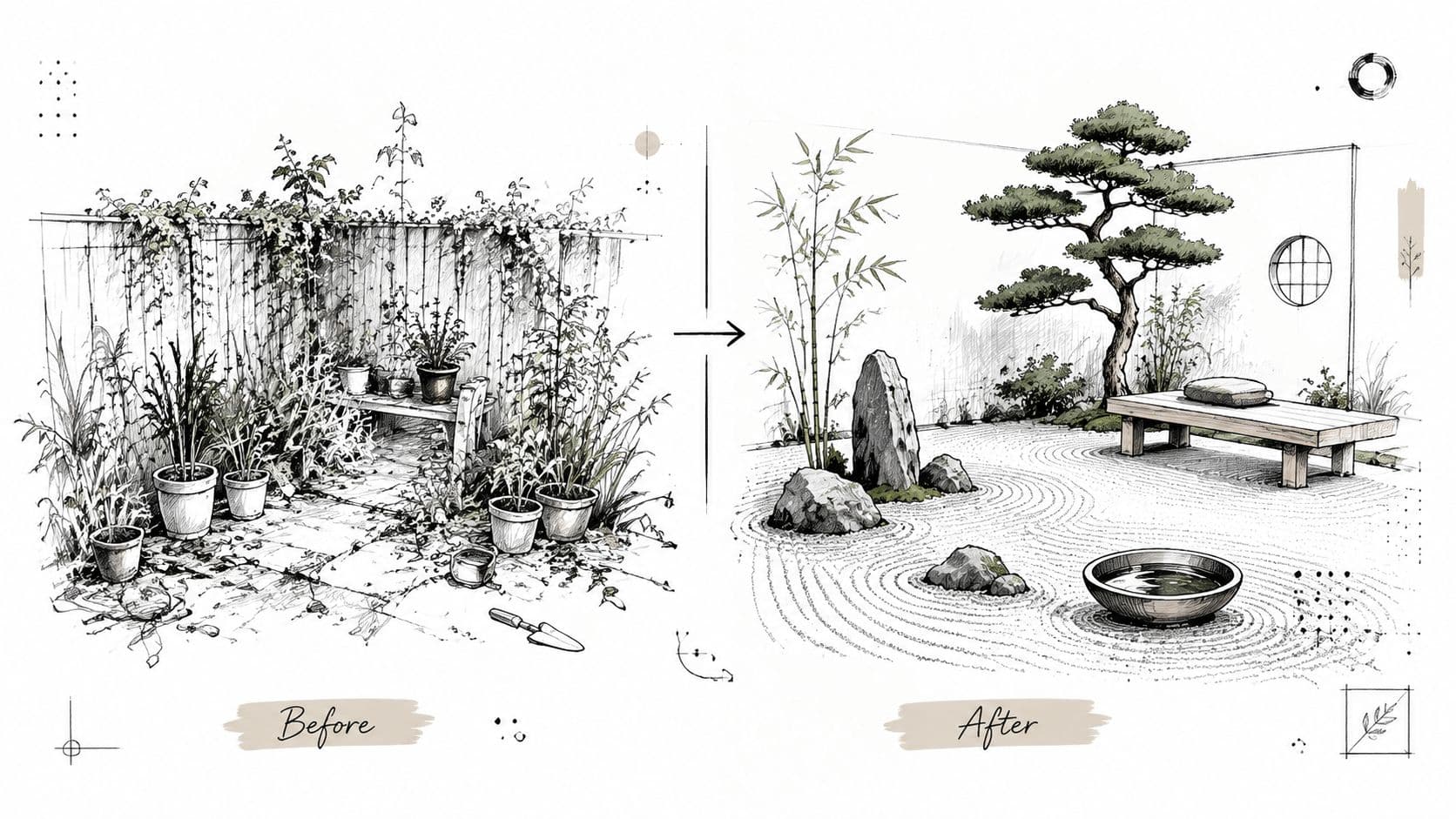 A black and white artistic sketch comparing a cluttered garden corner before and after Japanese zen renovation.
