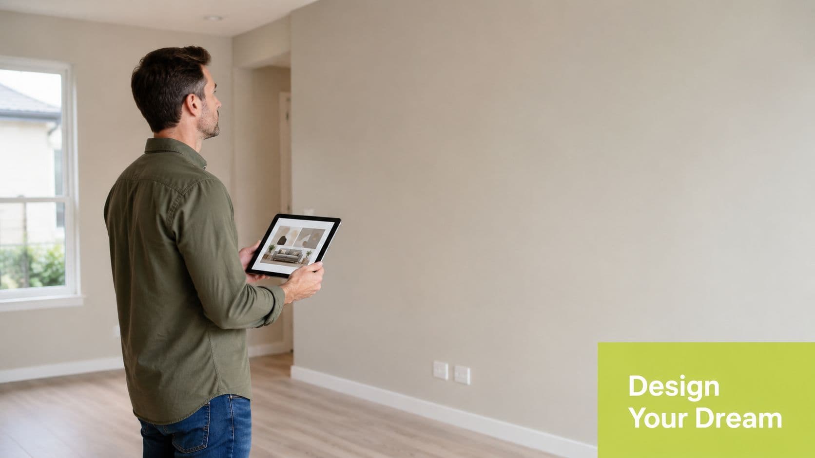 A man in a green shirt looking at interior design ideas on a tablet in an empty room.