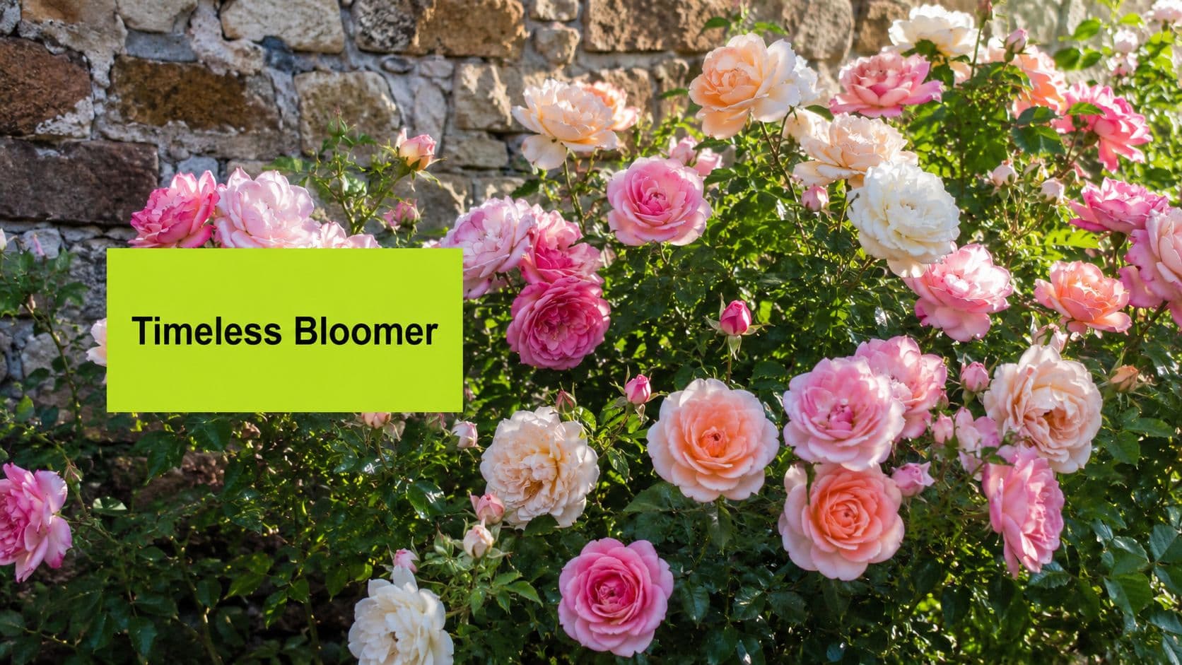 A vibrant garden bush featuring many delicate pink and peach colored rose blooms against a stone wall.