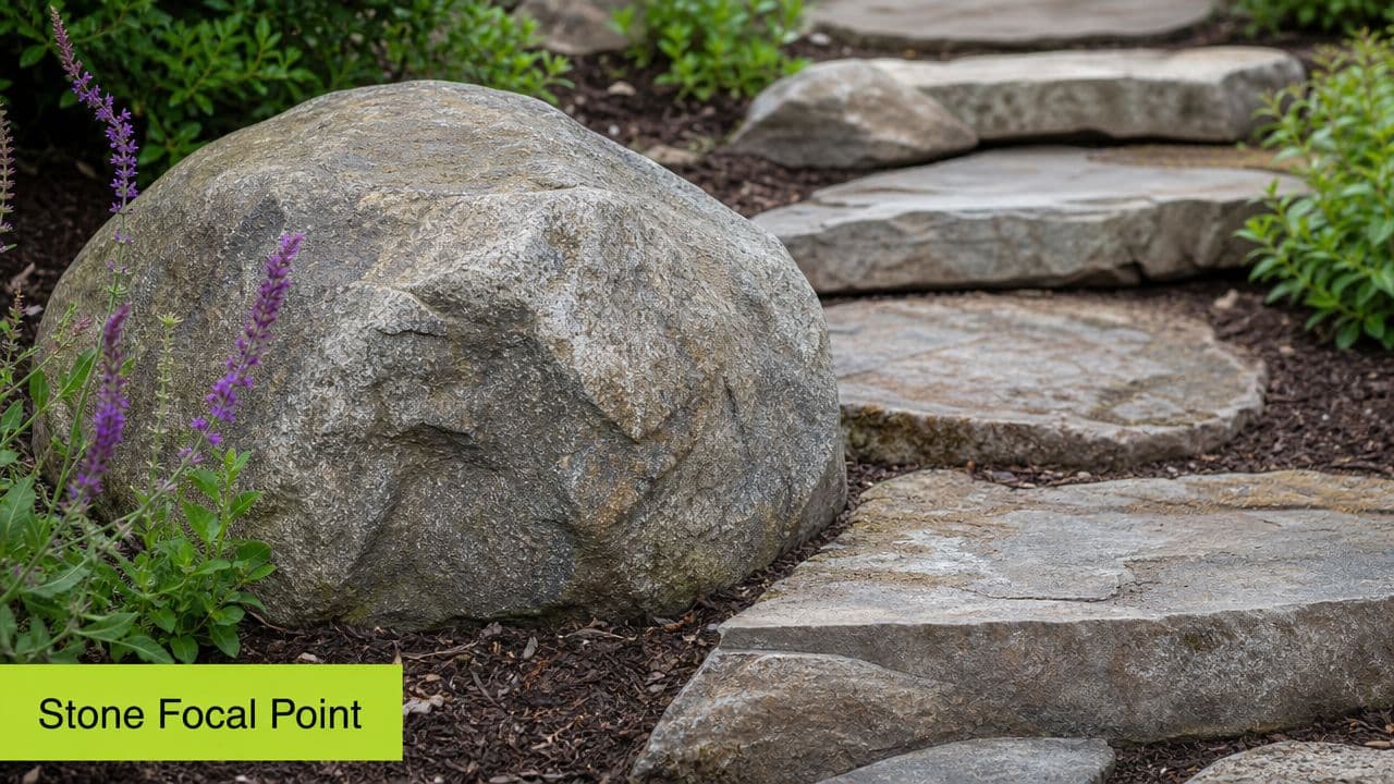 A large grey natural boulder sits prominently as a focal point in a stone garden walkway.