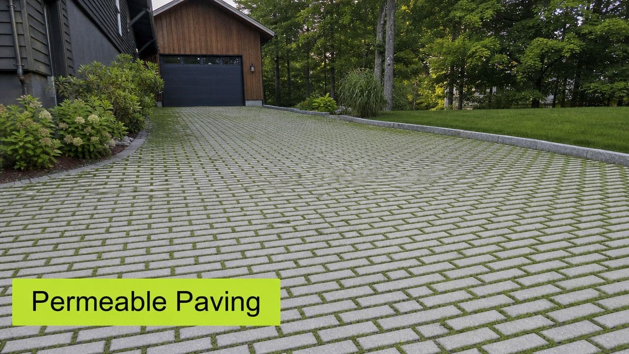 A driveway made of gray permeable paving stones with grass growing in the joints leading to a garage.