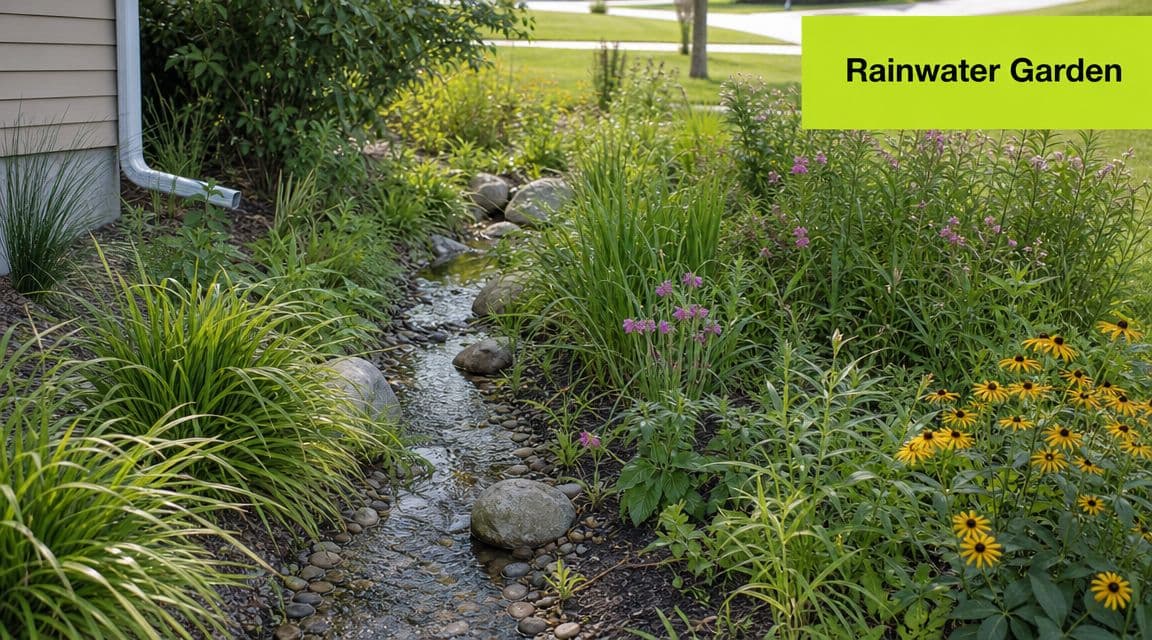 A beautiful residential rainwater garden with a stone-lined swale carrying water near a house foundation.
