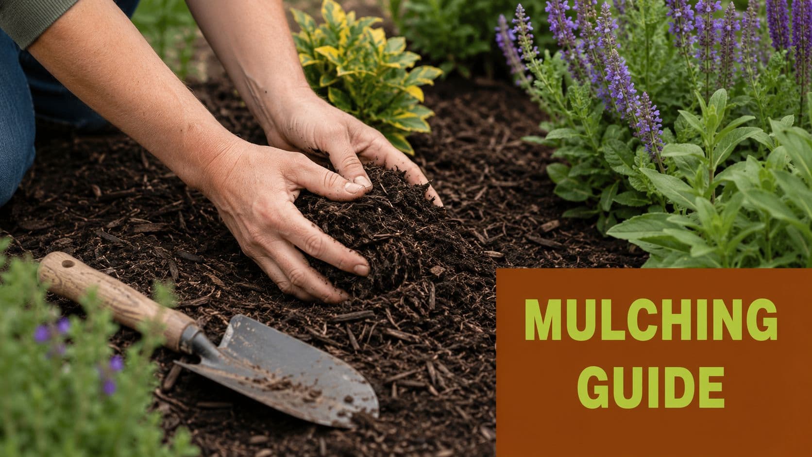 A gardener hands working with dark organic mulch around green plants in a garden bed.