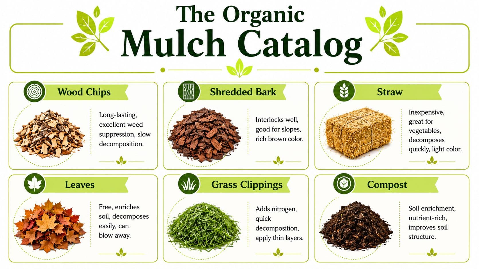 An infographic displaying different types of organic mulch including wood chips, shredded bark, straw, leaves, grass clippings, and compost.