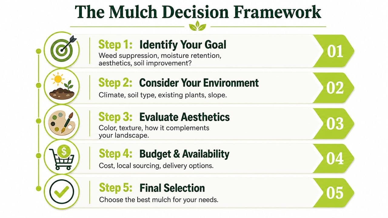 A five-step infographic guide titled The Mulch Decision Framework for selecting garden mulch effectively.
