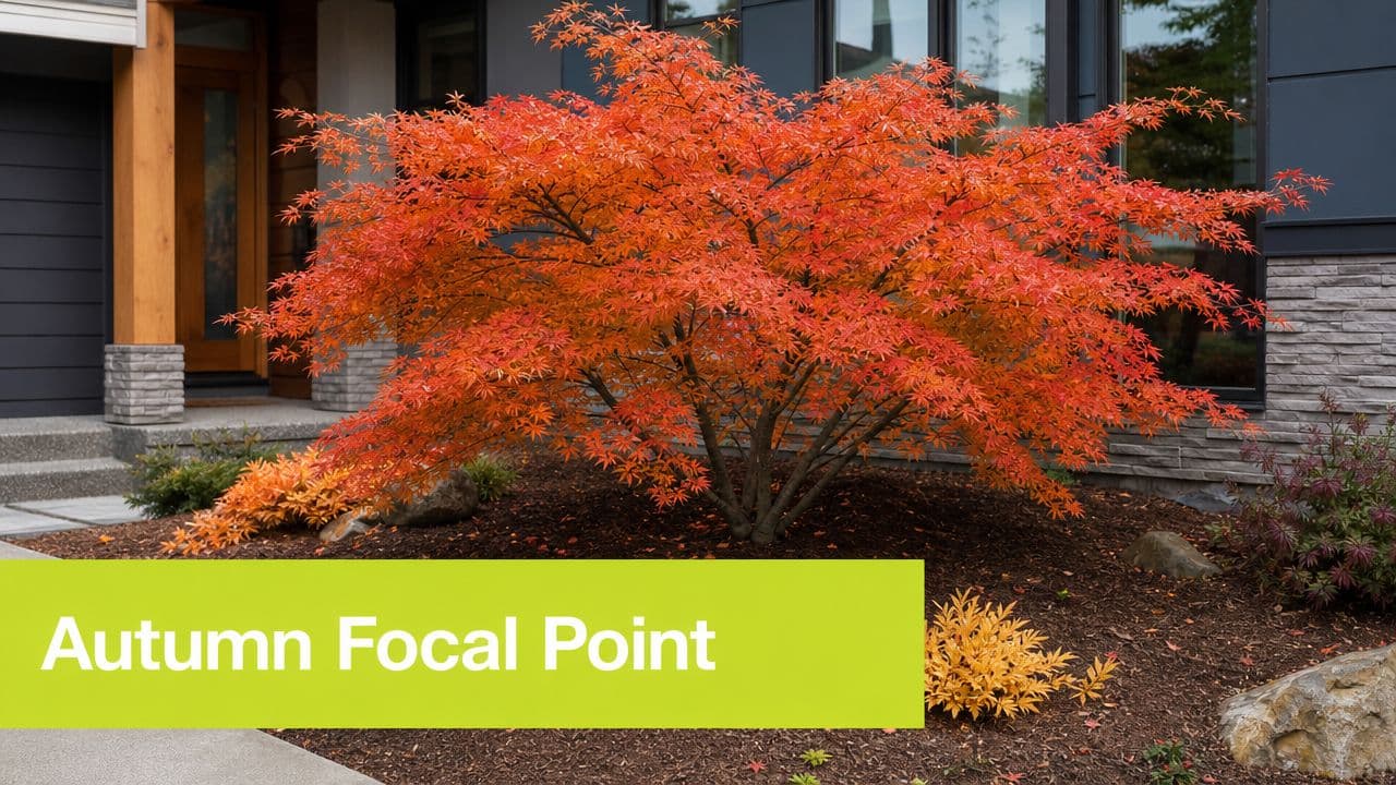 A vibrant Japanese maple tree with striking orange-red leaves serves as a focal point in a front garden.