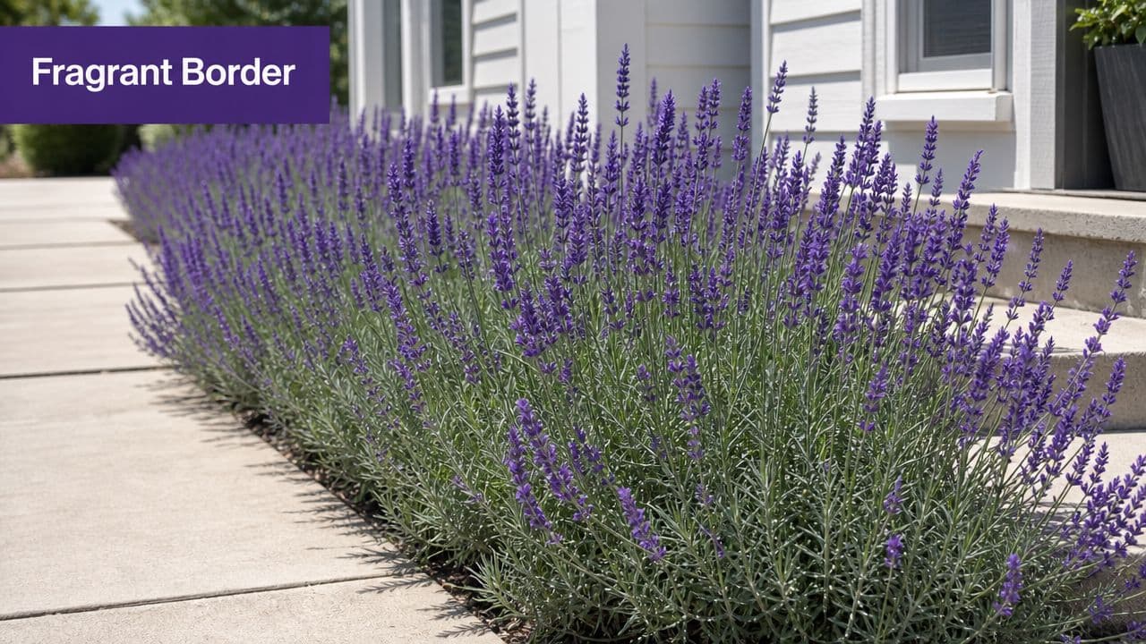 A lush border of purple lavender flowers planted along a concrete walkway next to a house exterior.