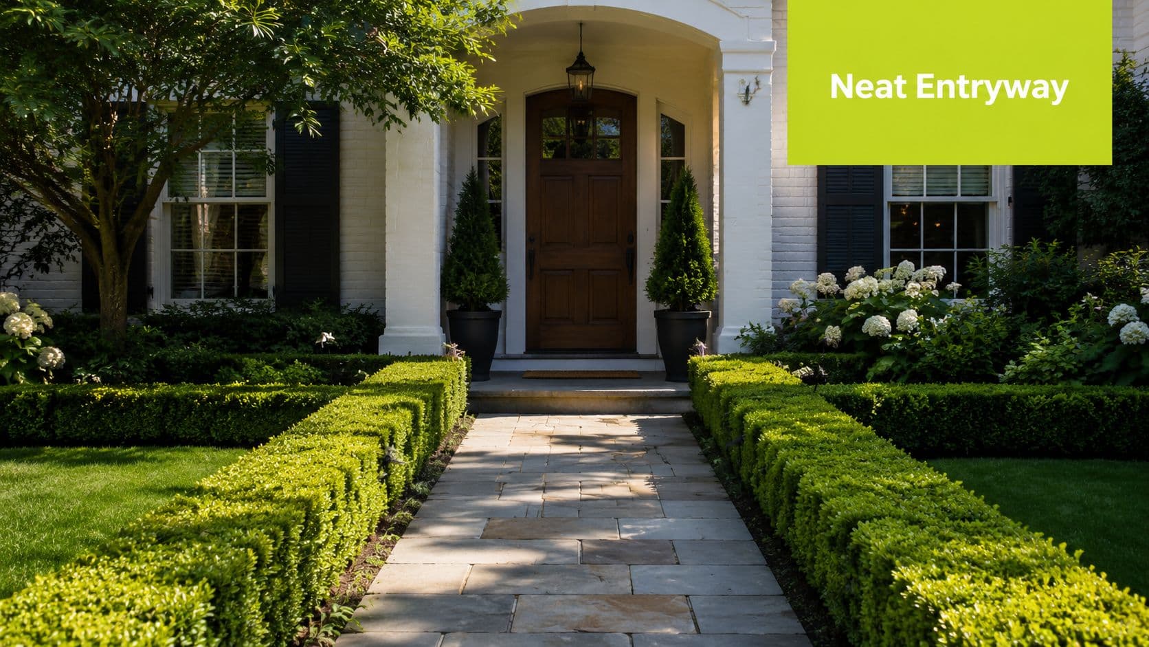 A neatly manicured home entrance with a stone pathway lined by green hedges and two potted shrubs.