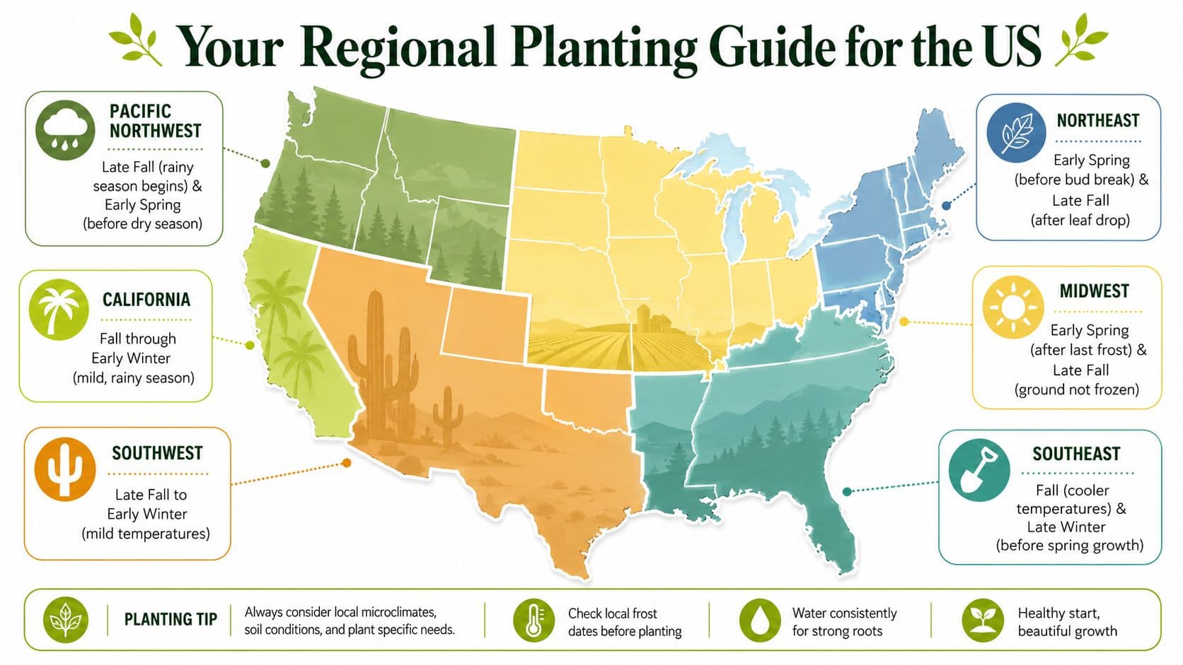 A color-coded map of the United States displaying the recommended planting seasons for different geographic regions.