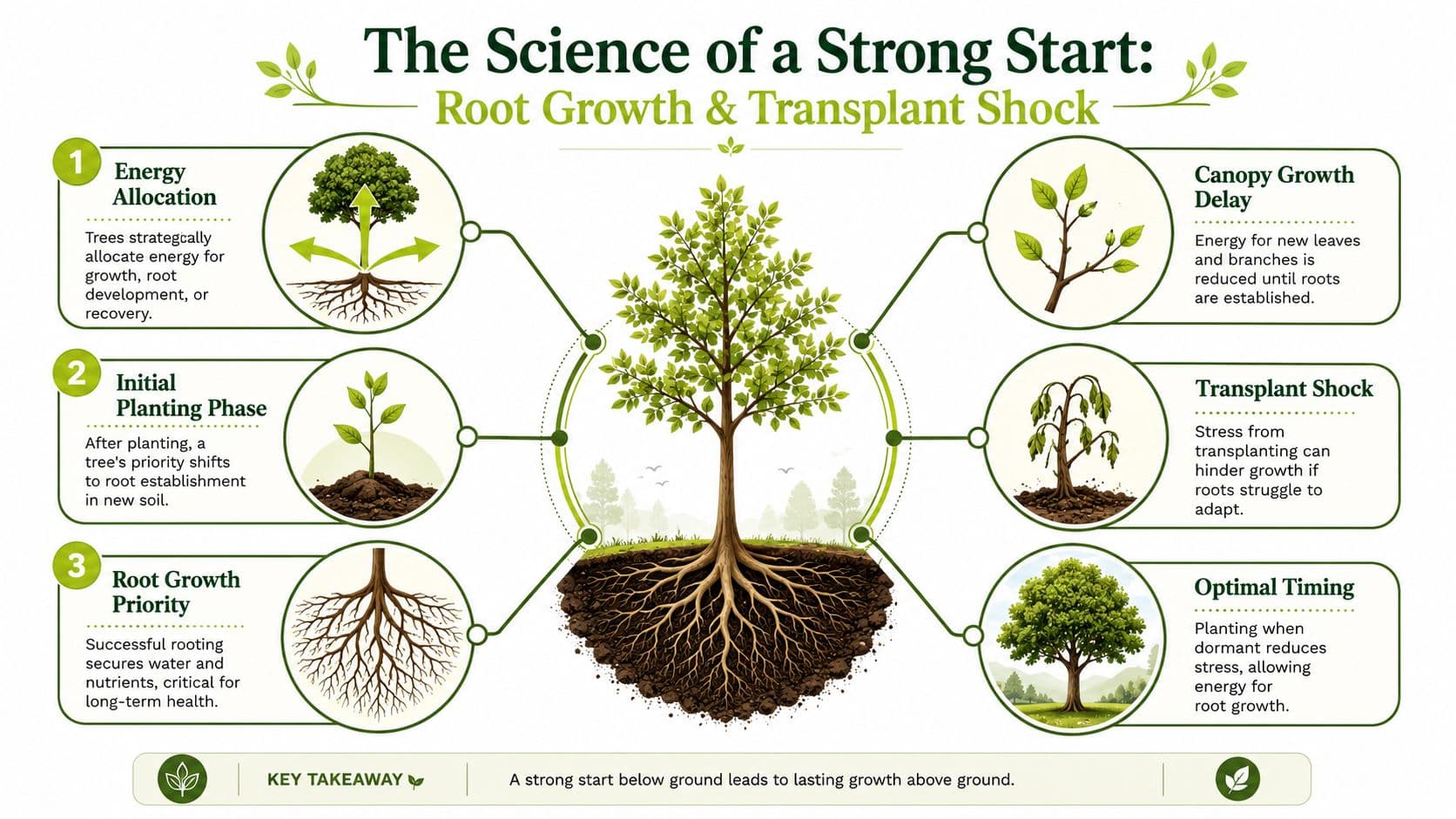 An infographic showing the stages of tree root growth, transplant shock, and optimal planting timing.