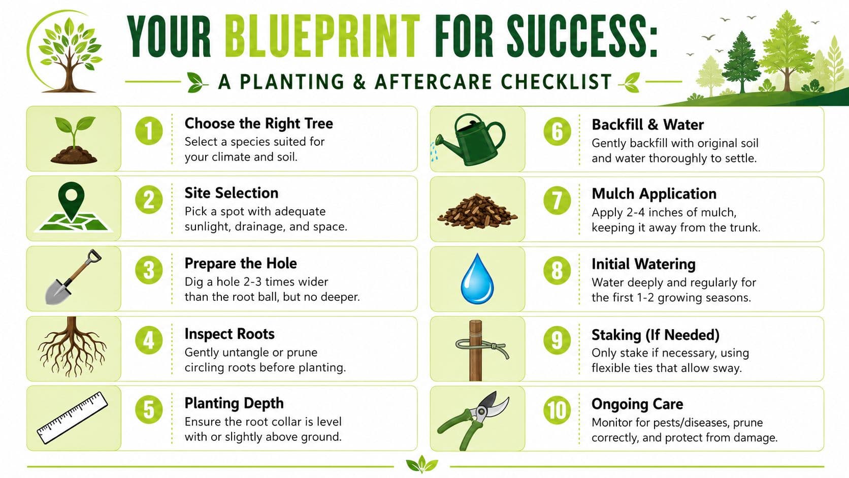 A visual guide titled Your Blueprint for Success featuring a ten-step checklist for planting and caring for trees.
