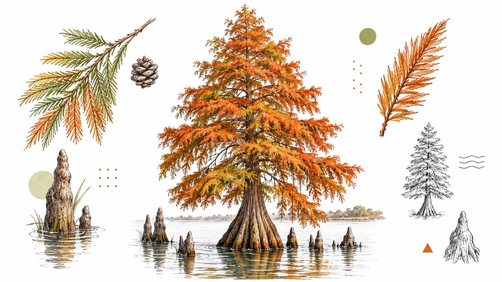A detailed botanical illustration of a bald cypress tree with its characteristic knobby knees in water.