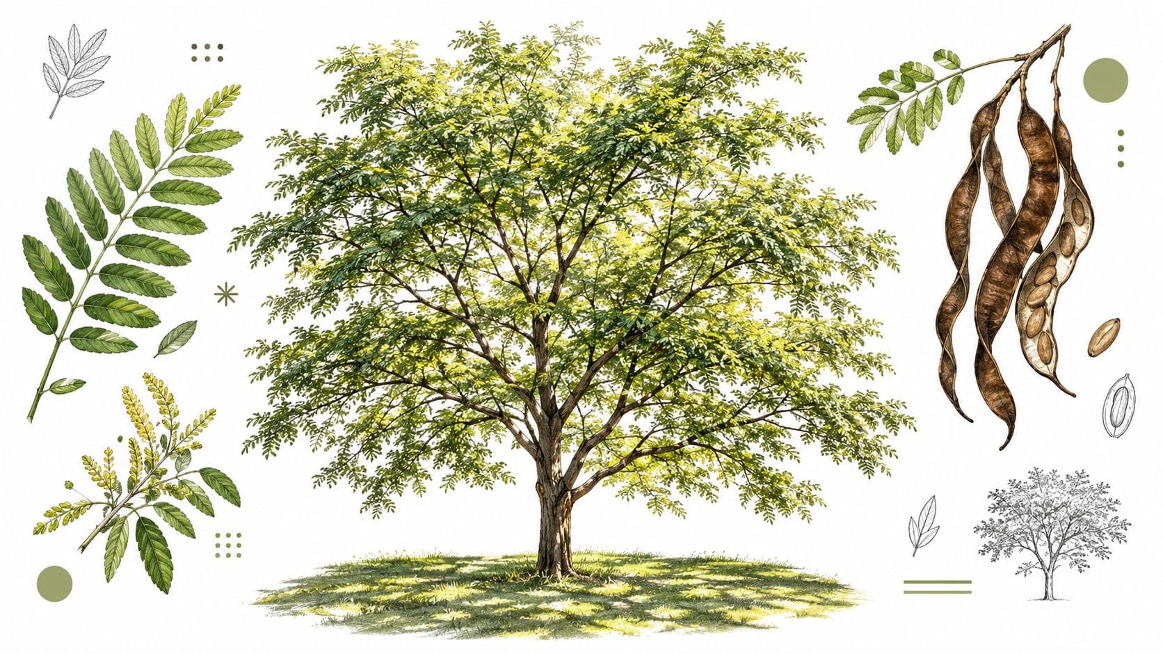 A detailed botanical illustration of a honey locust tree featuring its leaves, flowers, and characteristic seed pods.