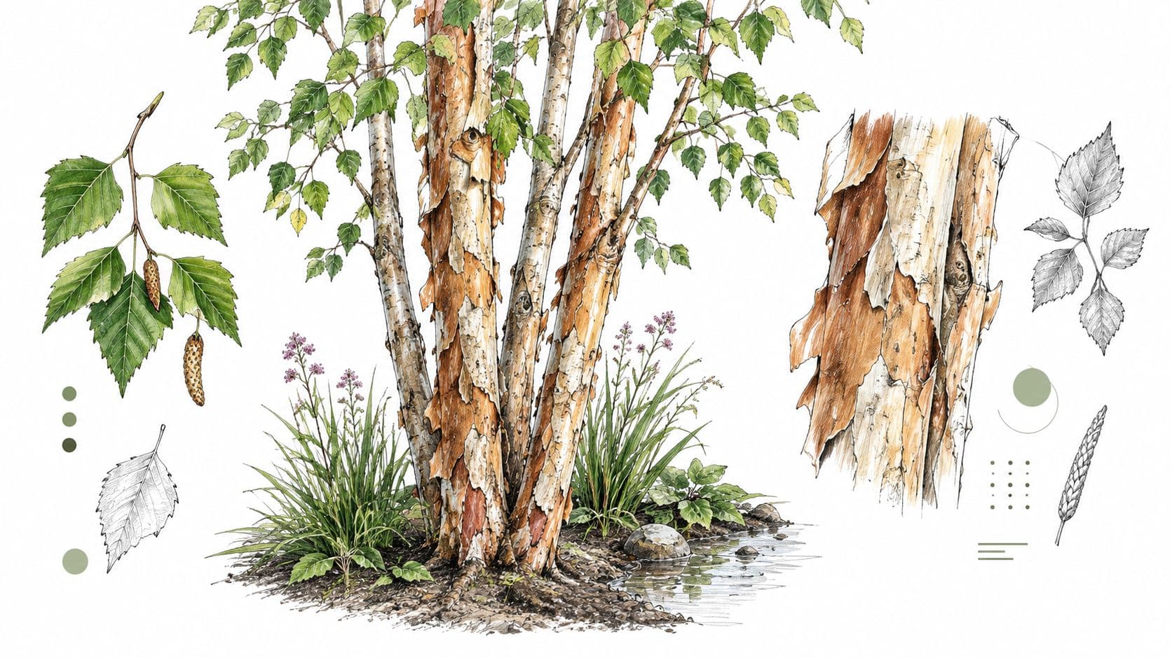 A botanical illustration of a river birch tree showing its peeling orange bark, leaves, and hanging catkins.