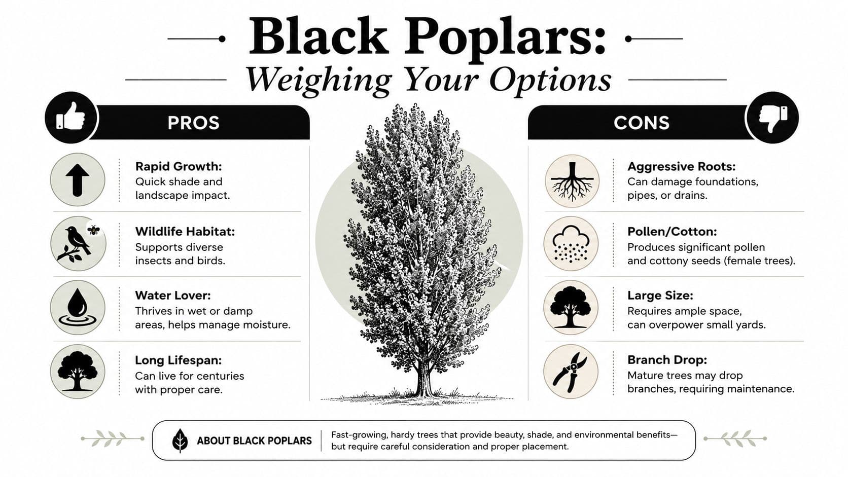 An infographic titled Black Poplars: Weighing Your Options, listing the pros and cons of planting these trees.
