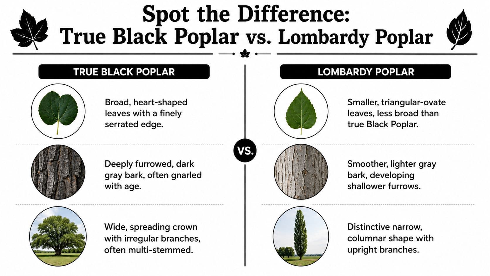 A comparison infographic showing the differences between True Black Poplar and Lombardy Poplar trees.