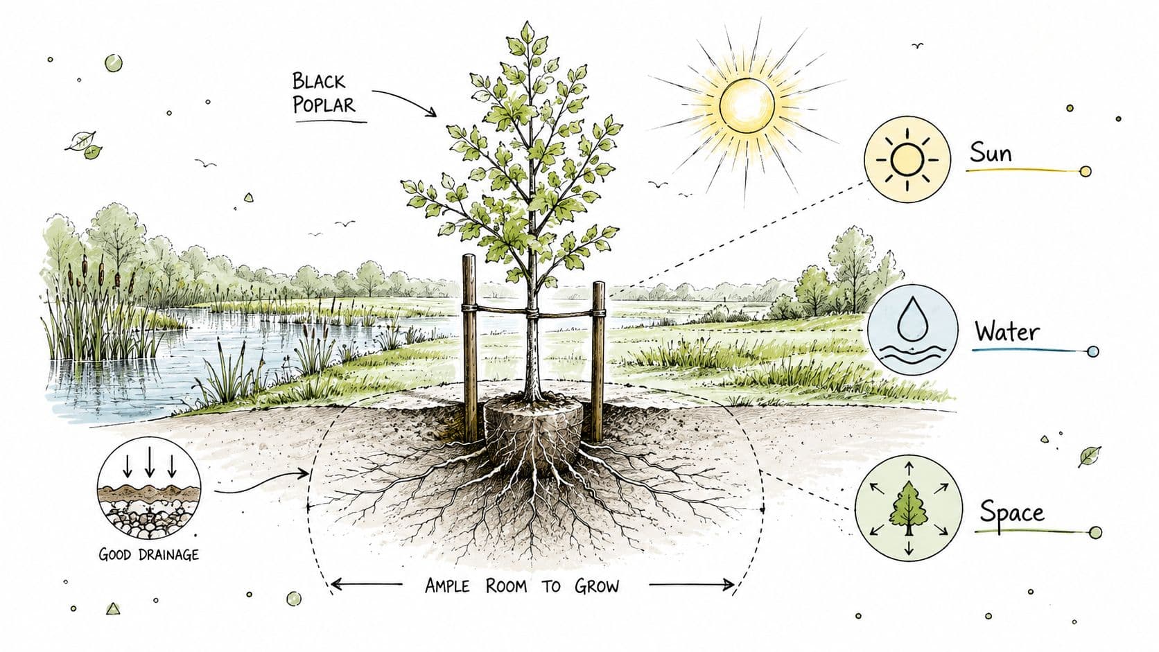 A botanical illustration detailing the ideal planting conditions and growth environment for a young Black Poplar tree.