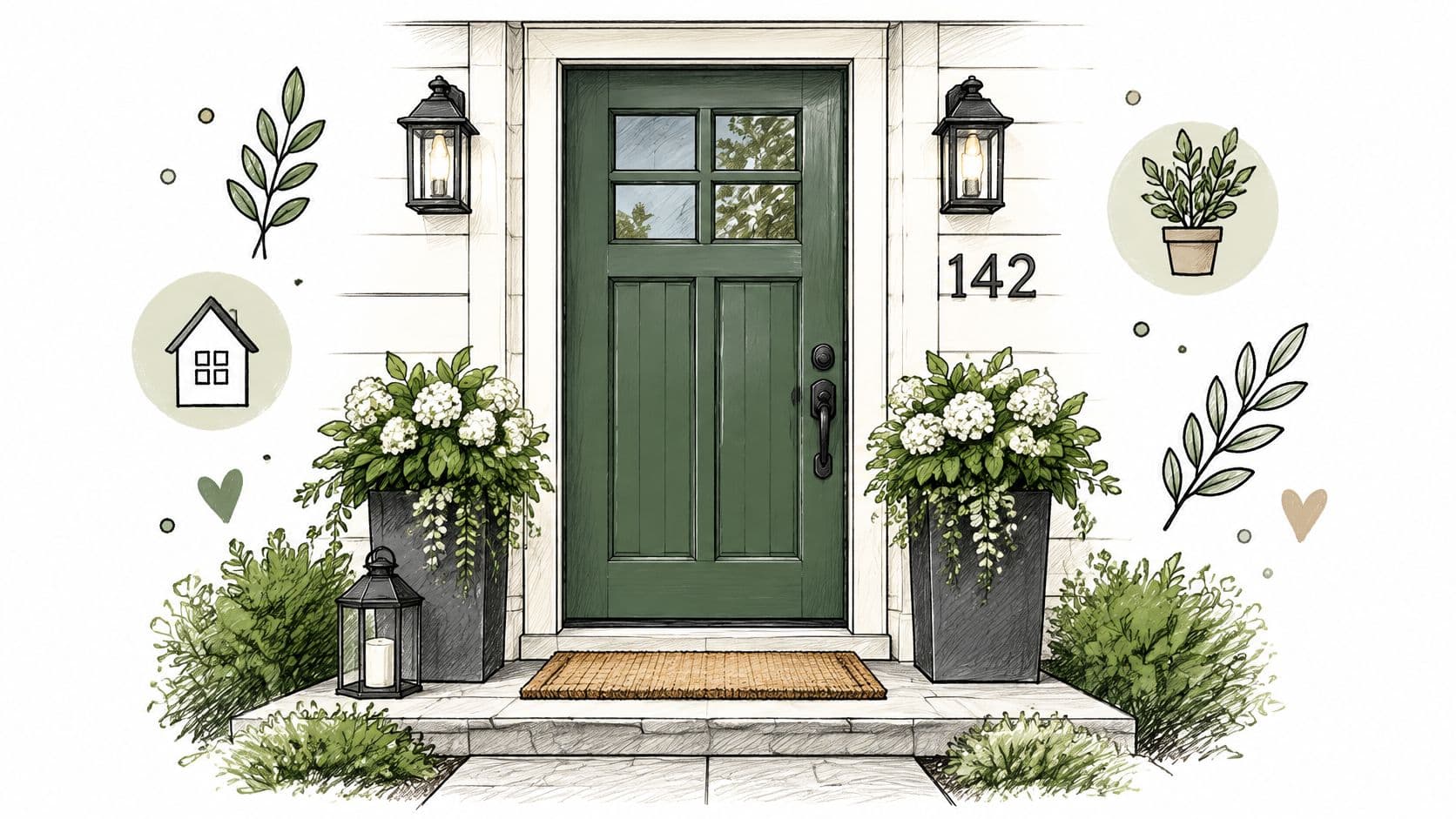 A welcoming front entrance with a dark green door, potted flowers, stylish lanterns, and a door mat.