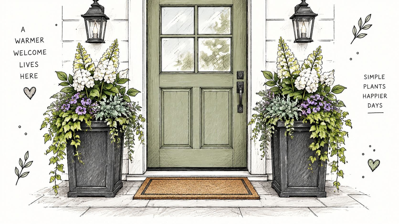 A hand-drawn illustration of a welcoming front door flanked by two large planters filled with flowers.
