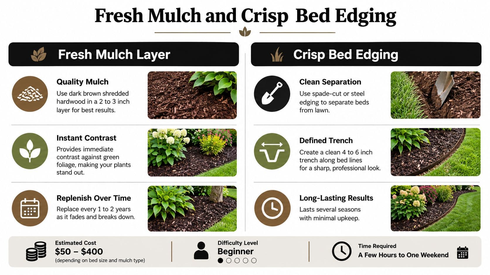 An infographic detailing steps for fresh mulch application and crisp garden bed edging to boost curb appeal.