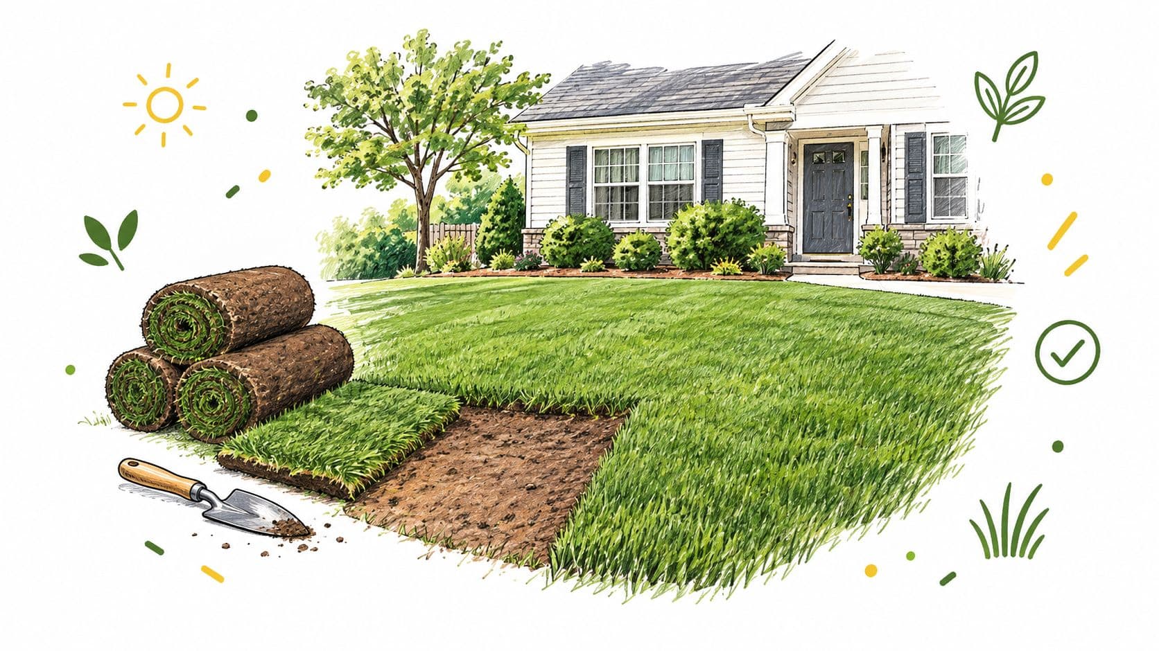 A hand-drawn illustration showing fresh sod rolls and a trowel being used to install a new lawn.