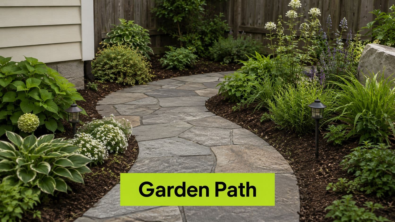 A flagstone garden path curves through a lush, landscaped flower bed along the side of a house.