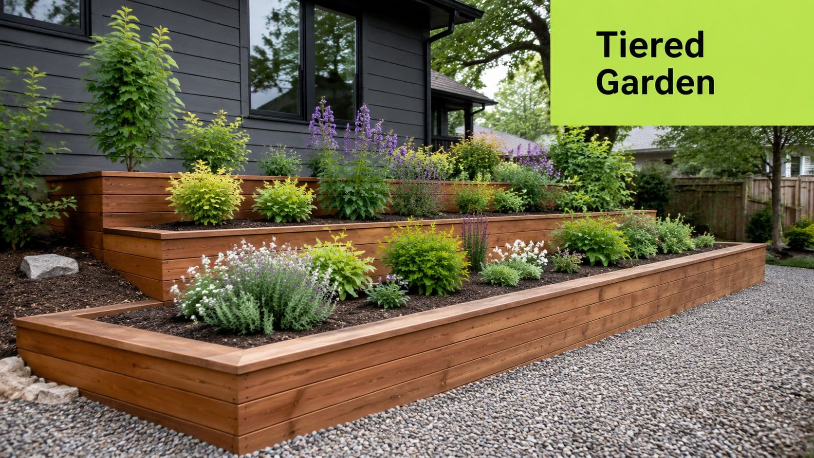 A modern tiered garden with wooden raised beds planted with various colorful flowers and shrubs against a house.