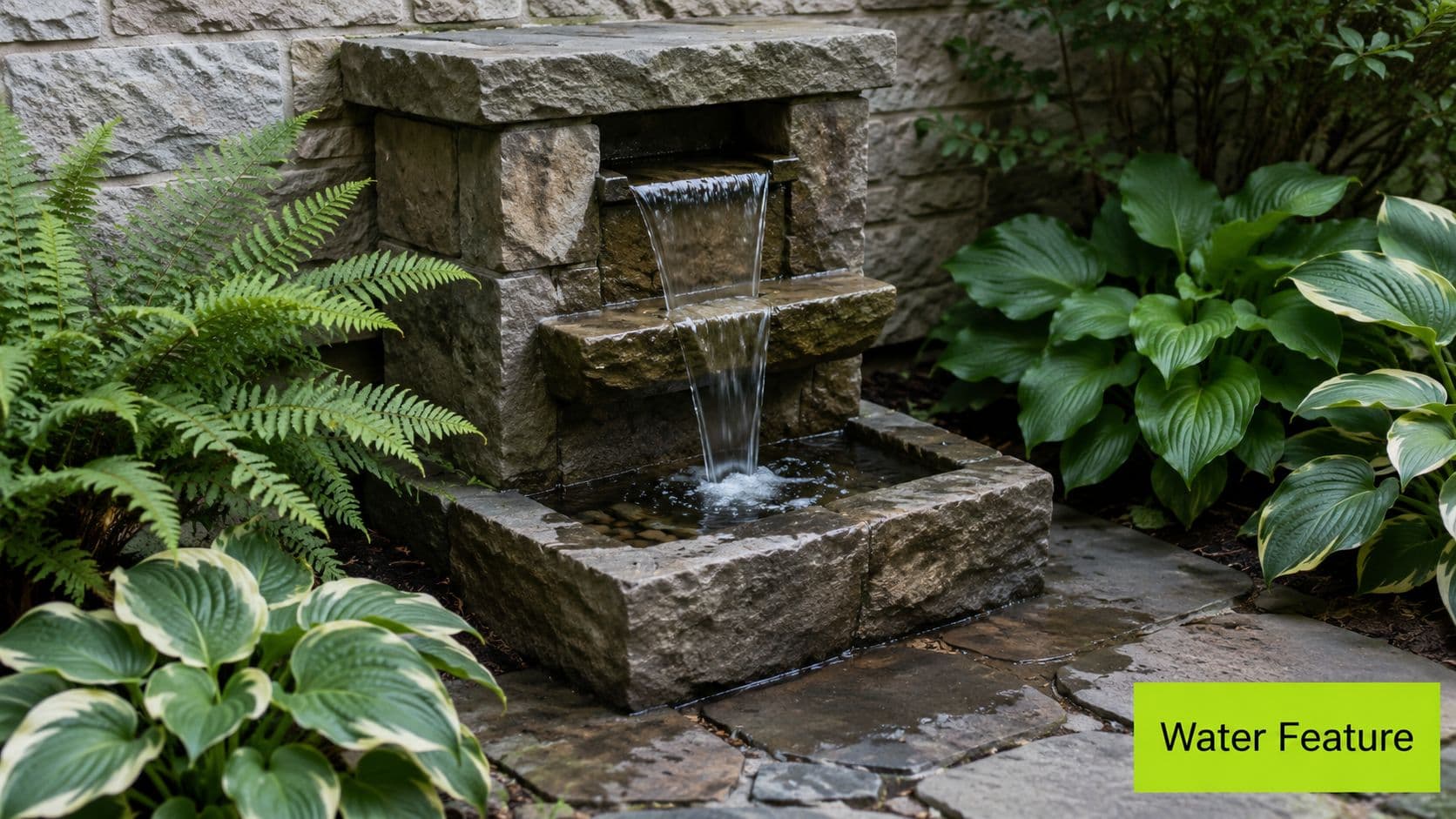 A rustic stone water fountain feature set in a garden with lush ferns and green hosta plants.