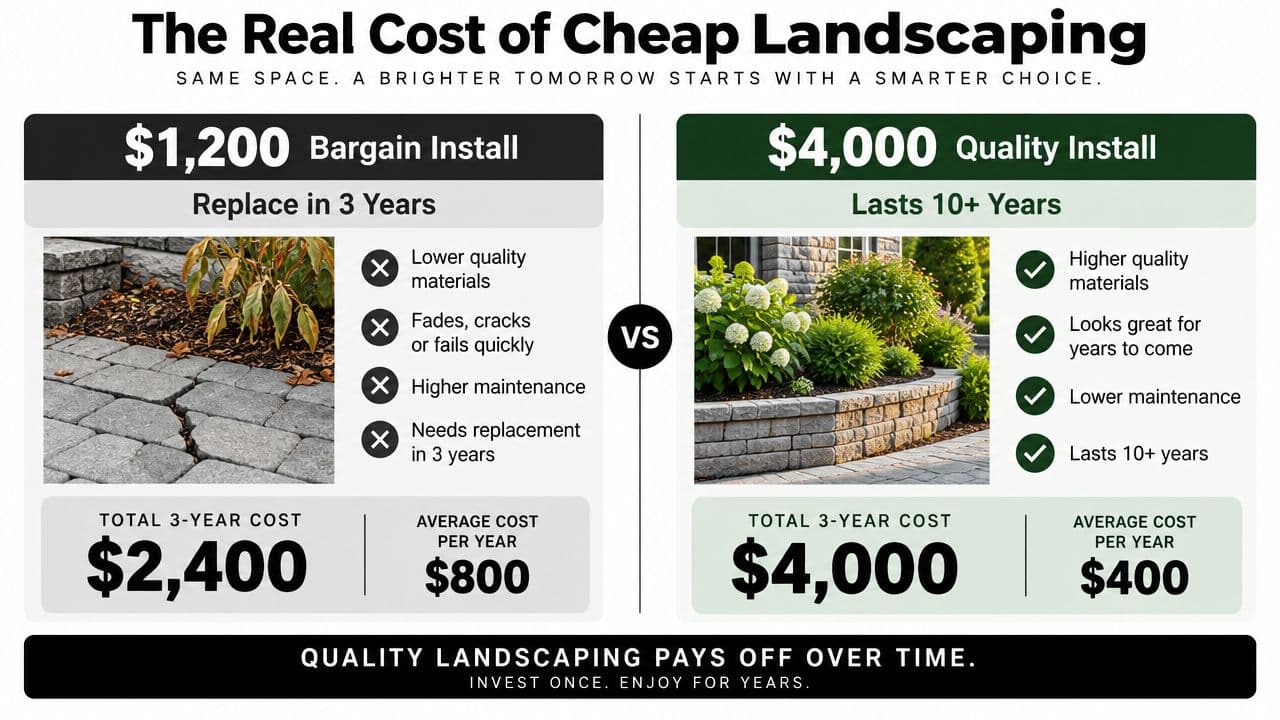 A comparison graphic showing the long-term financial benefits of choosing high-quality landscaping over cheaper, inferior alternatives.