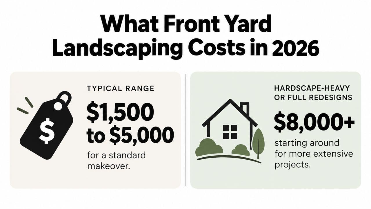 An infographic displaying the typical cost ranges for front yard landscaping projects in 2026.
