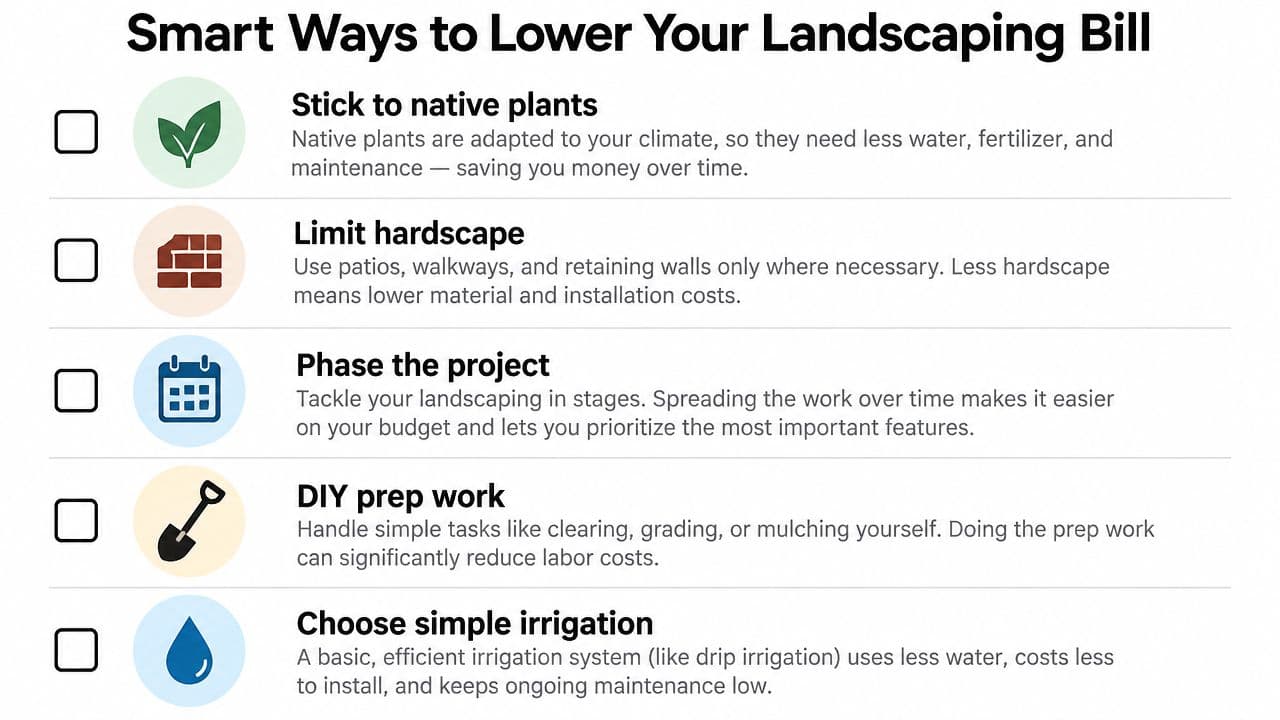 A list of five smart tips to help homeowners reduce their overall front yard landscaping costs effectively.