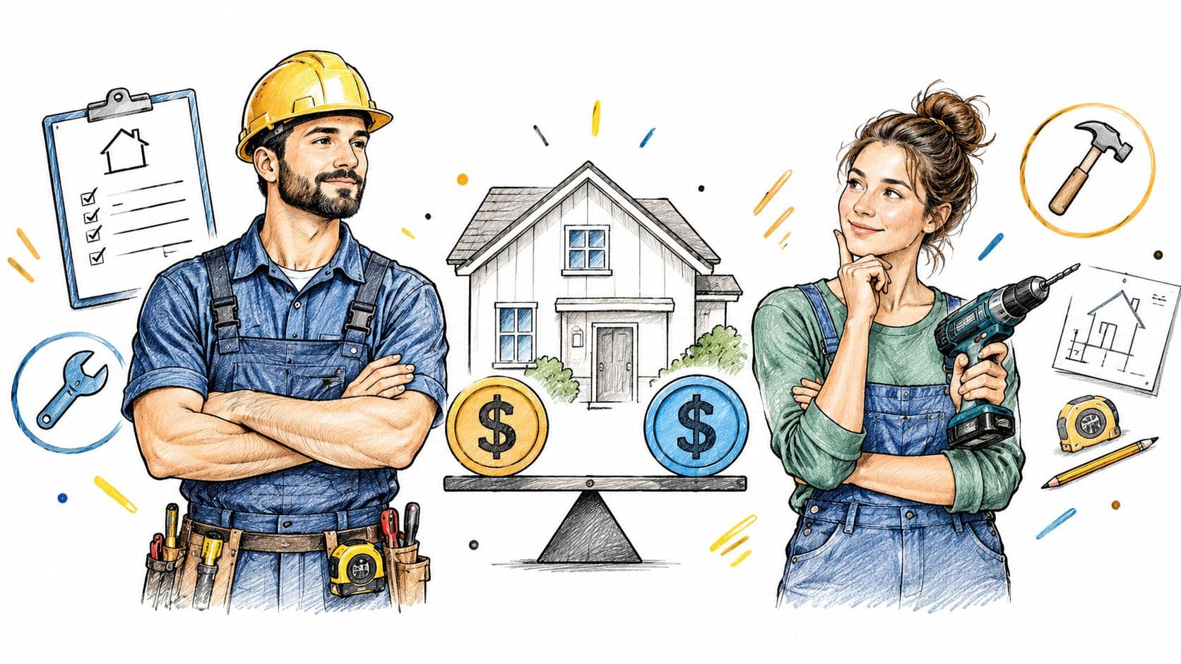 A construction worker and a woman with a power drill standing in front of a house illustration.