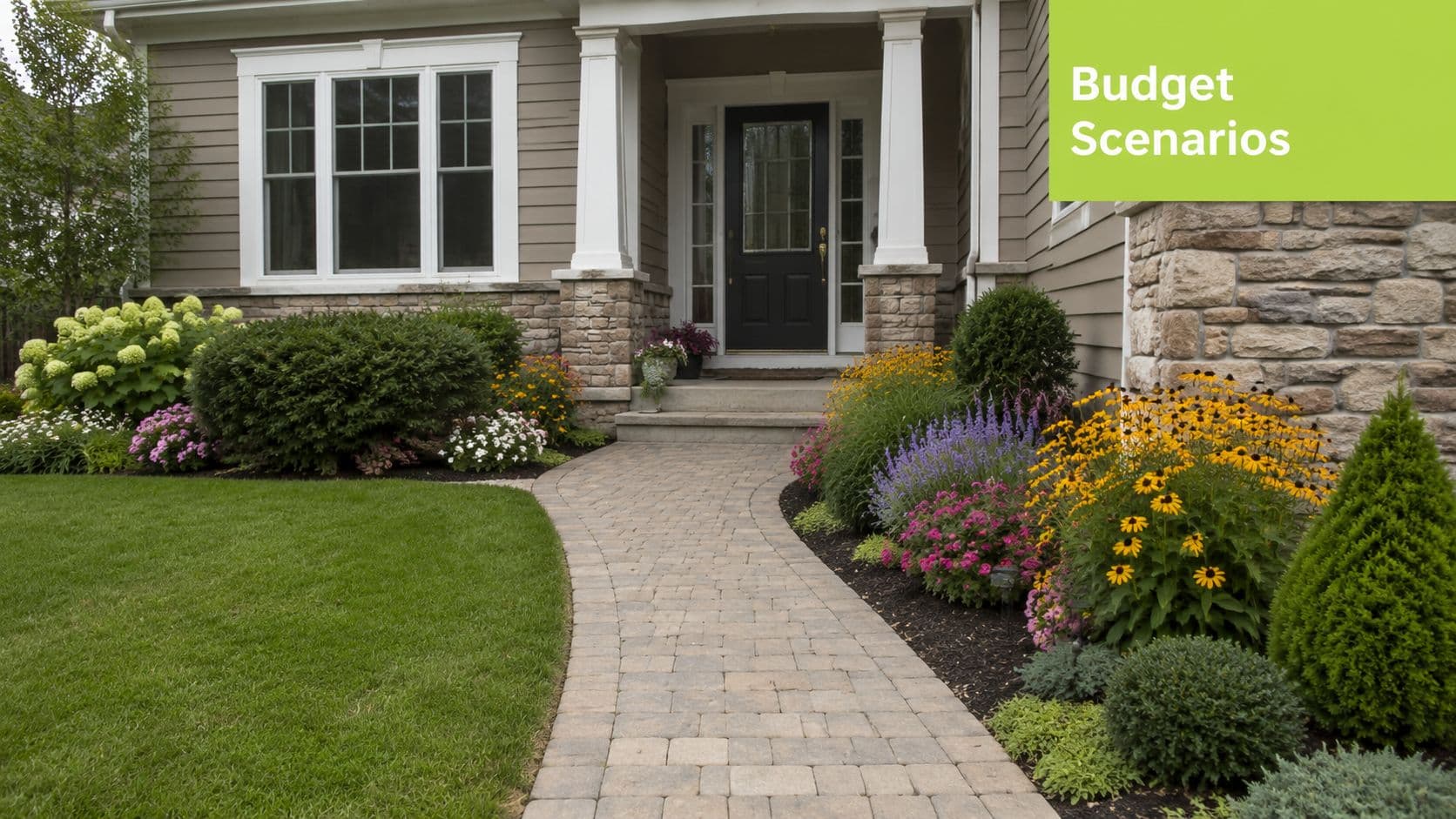 A nicely landscaped suburban front yard with a paver walkway leading to the house entrance.