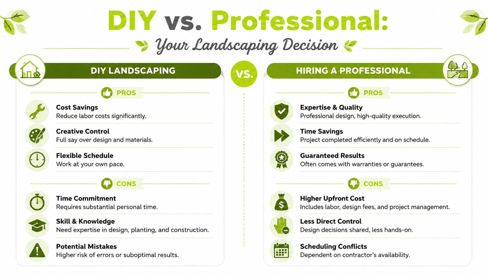 A comparison chart outlining the pros and cons of DIY landscaping versus hiring a professional service provider.