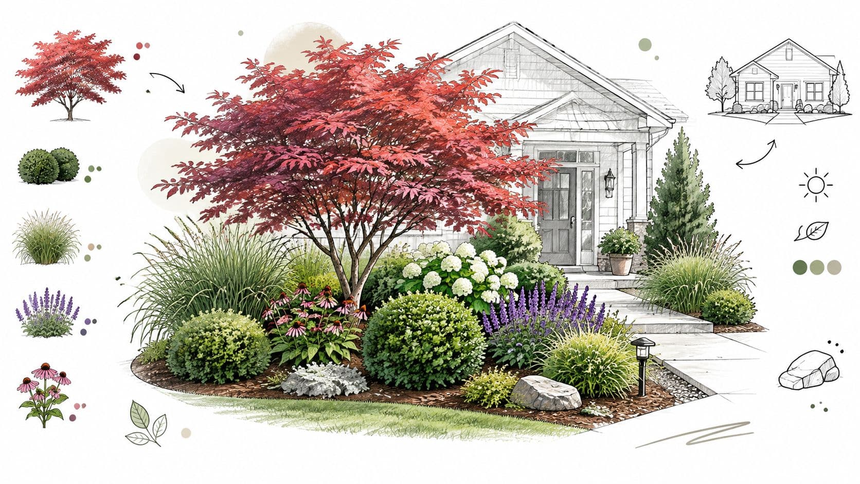 A beautiful landscape design plan for a front yard with a Japanese maple and various garden plants.