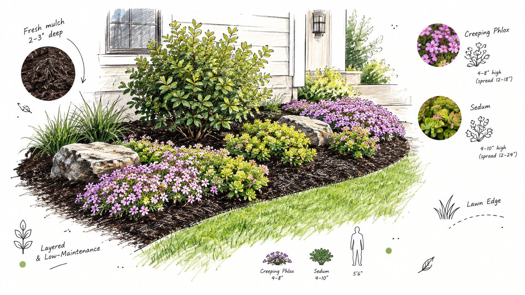 A landscape design illustration showing front yard garden beds with creeping phlox, sedum, rocks, and mulch.