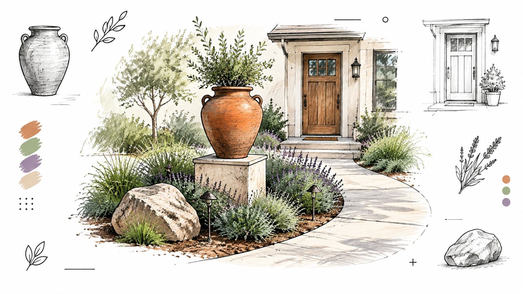 A watercolor architectural sketch of a home entryway with a terracotta urn, lavender, and stone landscaping.