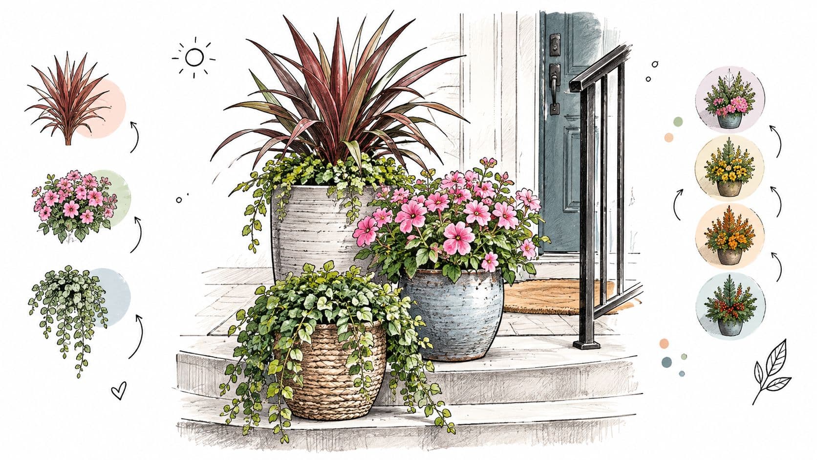 A hand-drawn illustration depicting a styled front porch entryway featuring decorative potted plants and floral arrangements.