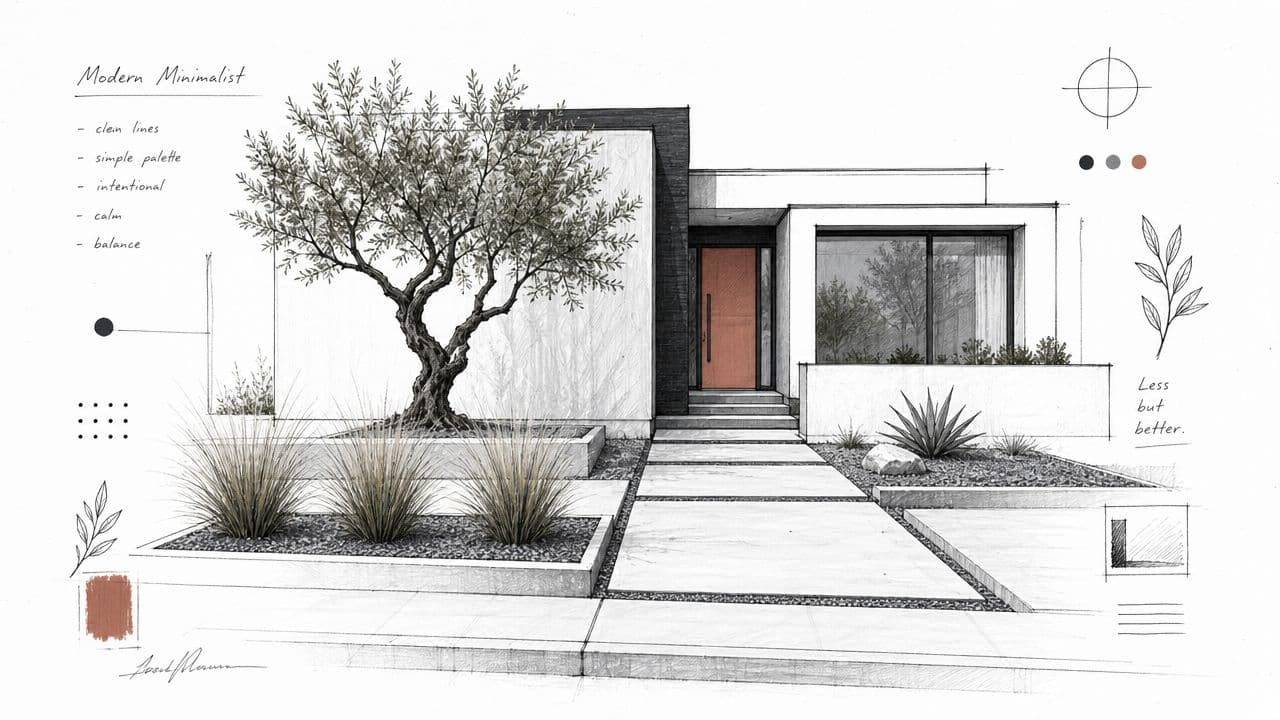 A pencil sketch of a modern minimalist house exterior with geometric landscaping, olive tree, and warm accent door.