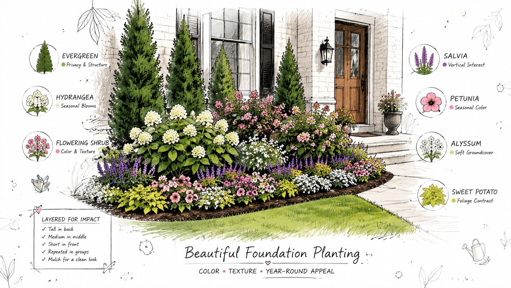 A detailed landscaping design illustration showing various plants layered for maximum curb appeal around a front entrance.