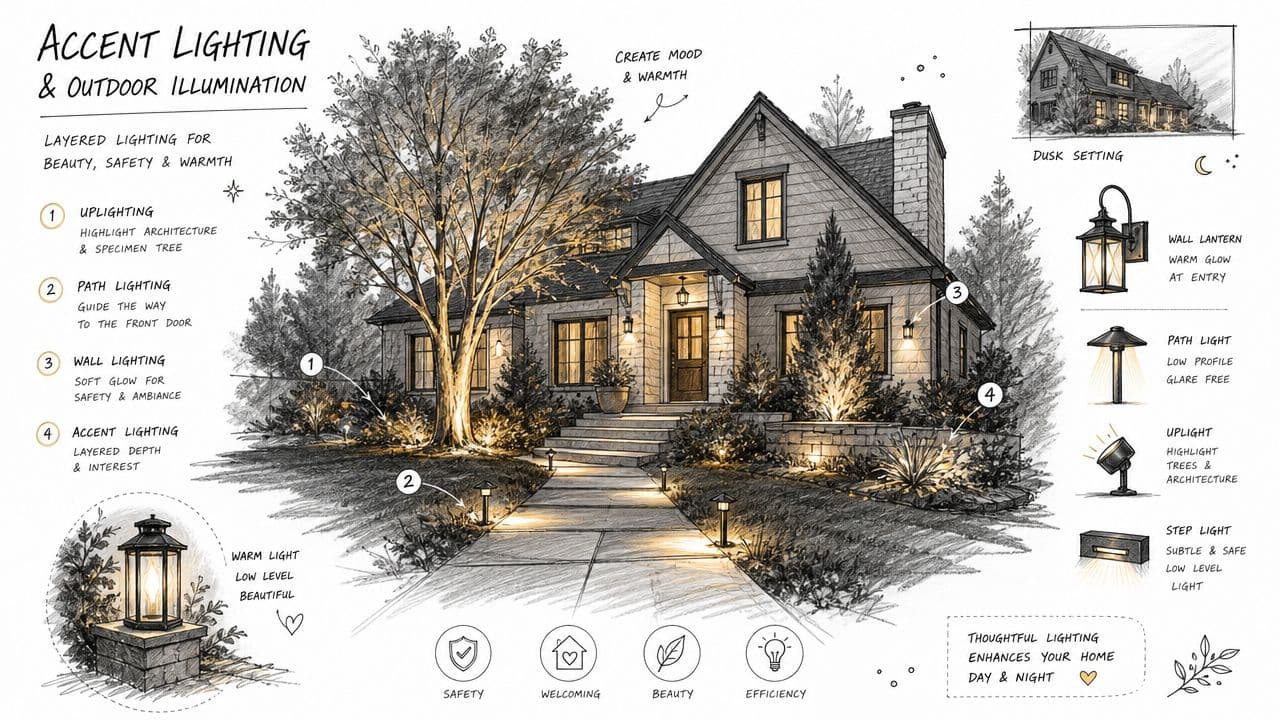 A detailed sketch showing various outdoor accent lighting techniques for enhancing a residential home's curb appeal.